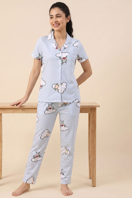 Zivame Farm Lore Knit Cotton Pyjama Set - Chambray Blue Buy Zivame Farm Lore Knit Cotton Pyjama Set - Chambray Blue
